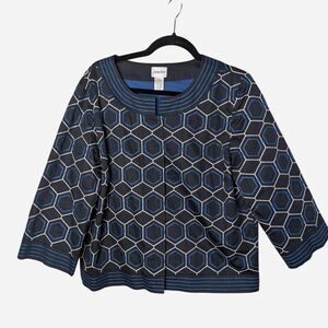 Chico's Women's Cropped Jacket Geometric Design Black and blue sz L